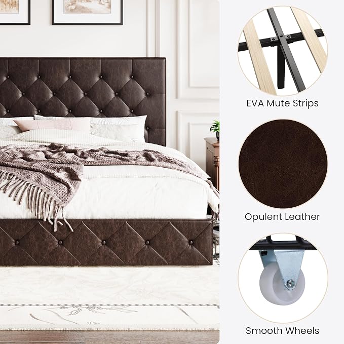 SHA CERLIN Upholstered King Size Platform Bed Frame with 4 Storage Drawers, Adjustable Headboard with Diamond Stitched Button Tufted Design, Wooden Slat Support, No Box Spring Needed, Black Brown