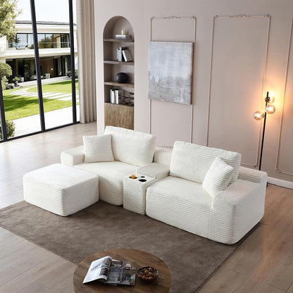 ivoros 111 Inch Modular Sectional Sofa Couch, Oversized Modern Cloud Couch for Living Room, L Shape Couches with Ottomans, USB Ports and Cup Holders, Beige Corduroy Boneless Sofas, Sofa in a Box