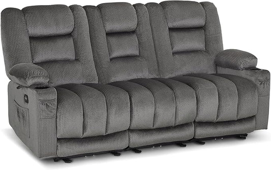 MCombo Zero Gravity Power Reclining Sofa with Heat and Vibration Massage, 3 Seater Reclining Couch with USB Ports, Cup Holders for Living Room, Fabric PR648SET (Grey)