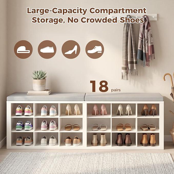 Shoe Rack Bench, Shoe Storage Bench with Cushion, Shoe Organizer 18 Cubbies for Entryway Hallway Bedroom Living Room, Holds Up to 400lbs