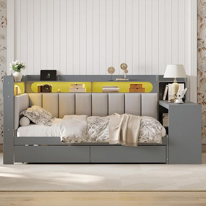 Bellemave Full Size Upholstered Daybed with Desk and Drawers and USB/LED Belt, Corner Bed with Trundle, L-Shape daybed for Bedroom Living Room, Gray（Linen）
