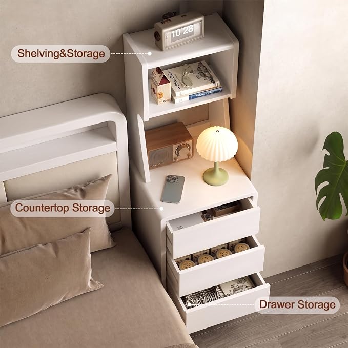 Solid Wood Bookshelf with Drawers,Narrow bookcase with Storage Shelves,Tall Nightstand with Drawers,Mid Century Modern Nightstand,Open Shelf Bookcase,Small Book Shelf for Bedroom,Living Room,Offices