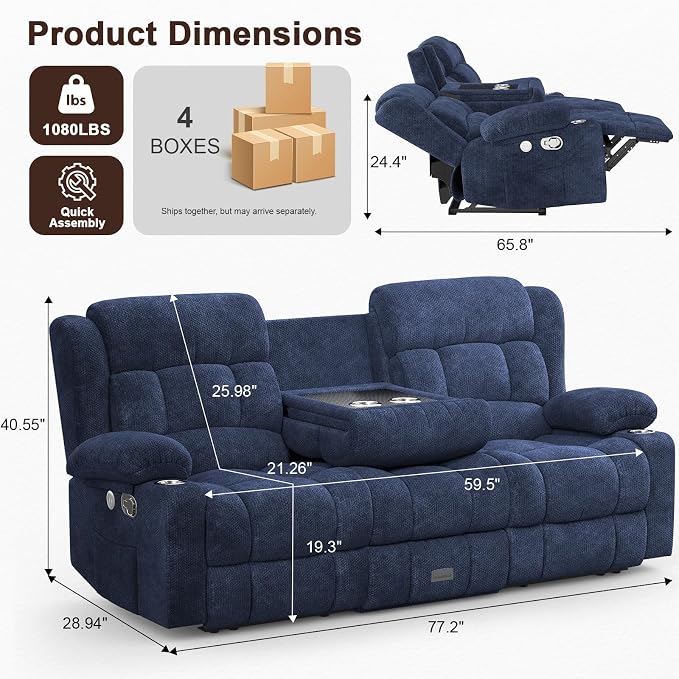 Loveseat Recliner Sofa, 3 Seater Minimalist Style Reclining Loveseat with Flip Back Console, USB Charge Ports, Cup Holders, Recliner Love Seat Couches for Living Room, RV, Blue