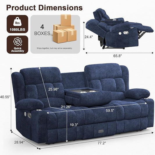 Loveseat Recliner Sofa, 3 Seater Minimalist Style Reclining Loveseat with Flip Back Console, USB Charge Ports, Cup Holders, Recliner Love Seat Couches for Living Room, RV, Blue