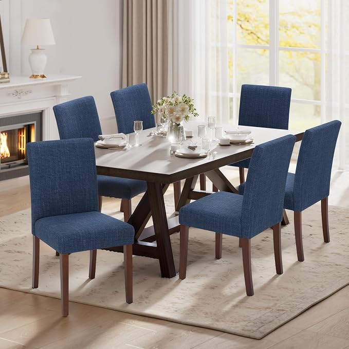 MALOL Upholstered Dining Chairs Set of 6, Modern Fabric Dining Room Chair, Wooden Dining Chair, Kitchen Side Chairs, Farmhouse Dinner Chair with High Back for Kitchen, Blue