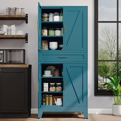 71"H Metal Kitchen Pantry Cabinet with Drawers,Blue Kitchen Storage Cabinets with Doors,Farmhouse Pantry Food Storage Cabinets,Tall Pantry Cabinets,Large Freestanding Cabinets for Dining Room