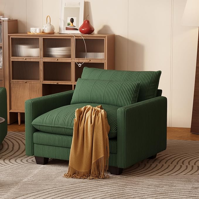 Gizoon Cloud Accent Chair with Washable Cover, Corduroy Single Sofa Chair with Comfy Deep Seat, Modern Armchair with Pillow for Living Room Bedroom, Green
