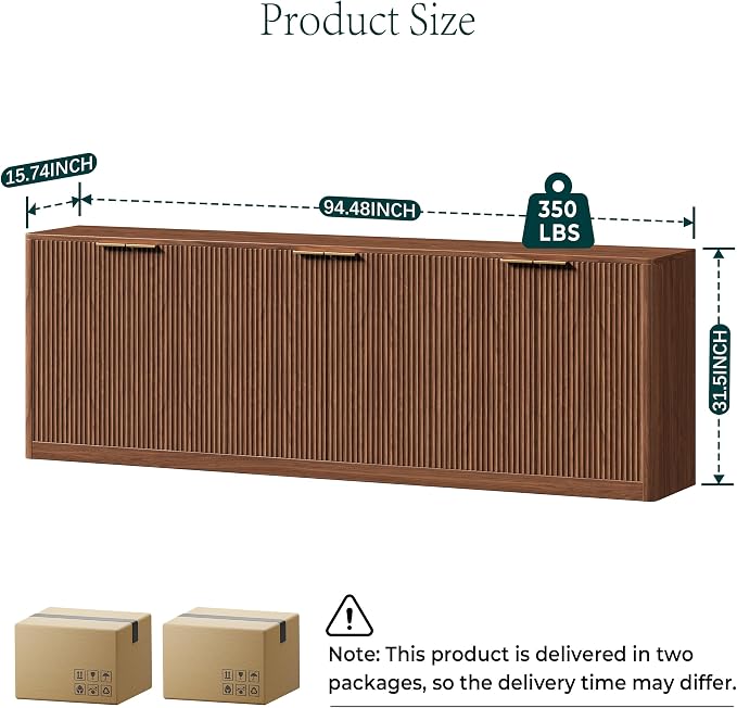 Evermagin 94.5" Fluted Walnut Buffet Cabinet Sideboard with Storage, TV Stands with 6 Doors, Wood Mid Century Modern Credenza for Kitchen and Living Room (94.5" W*31.5" H*15.7" D), Walnut