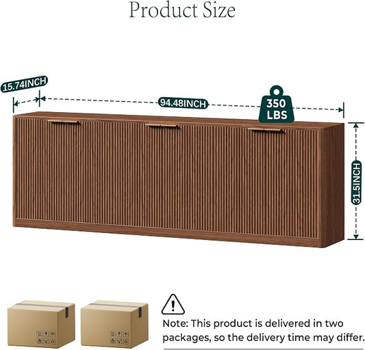 Evermagin 94.5" Fluted Walnut Buffet Cabinet Sideboard with Storage, TV Stands with 6 Doors, Wood Mid Century Modern Credenza for Kitchen and Living Room (94.5" W*31.5" H*15.7" D), Walnut