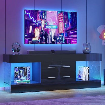 Bestier Modern 60 Inch TV Stand for 65/60/55+ TV, High Gloss Black Entertainment Center with 2 Drawers & LED Lights, Stone-Pattern Side Panels TV Consoles for Living Room, Bedroom