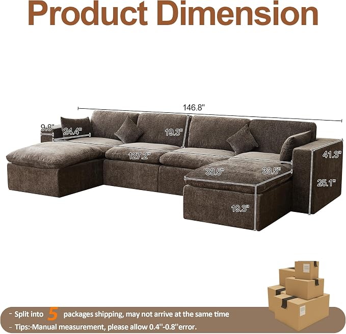 146''Cloud Boneless Sectional Couch, Modular Sectional Sofa Deep Seat with 2 Ottomans, Oversized Upholstered Convertible Comfy 6 Seater Chenille Sofa U Shape Couches for Living Room, Brown