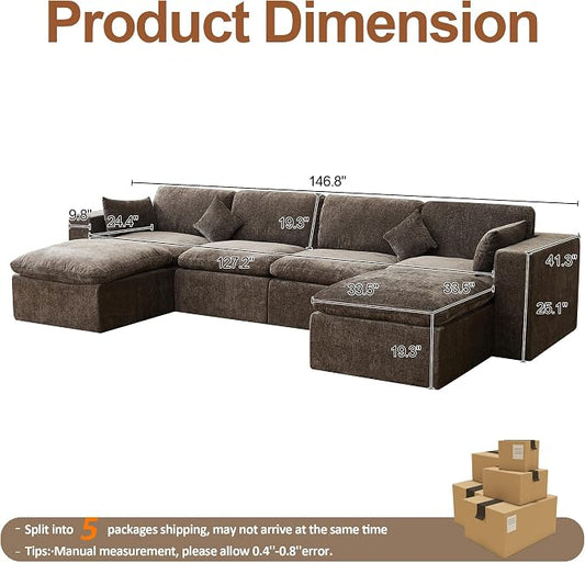 146''Cloud Boneless Sectional Couch, Modular Sectional Sofa Deep Seat with 2 Ottomans, Oversized Upholstered Convertible Comfy 6 Seater Chenille Sofa U Shape Couches for Living Room, Brown