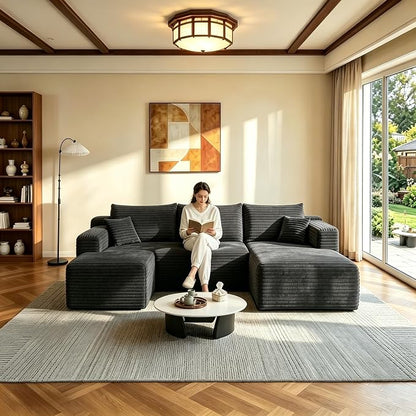 JINGLING 94" U Shaped Boneless Sectional Couch Set for Living Room, Plush Corduroy Modular Sofa with Ottoman, Small Space Apartment Couch, No Assembly, Right Facing Chaise, Dark Grey