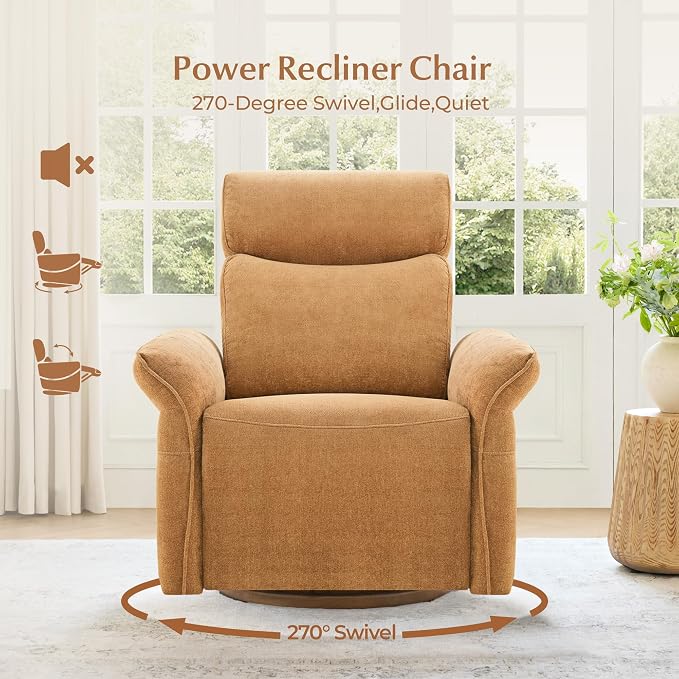 CHITA Power Recliner Chair, Electric Triple-Motor Swivel Glider Nursery Rocking Chair with Adjustable Power Headrest and Lumbar Support, GREENGARD Gold Certified, Solid Wood Base, Cognac