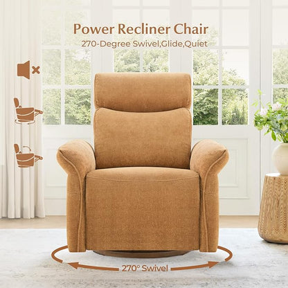 CHITA Power Recliner Chair, Electric Triple-Motor Swivel Glider Nursery Rocking Chair with Adjustable Power Headrest and Lumbar Support, GREENGARD Gold Certified, Solid Wood Base, Cognac