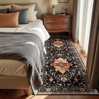 RELEANY Area Rugs Runner 3'x8' Washable Non-Slip, Floral Vintage Distress Medallion Carpet for Kitchen Hallway Bedroom Beside Laundry Room Bathroom, Black Colorful Floral Dark Tan