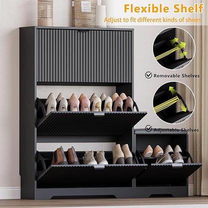 BORNOON Slim Shoe Cabinet with Bench for Entryway, Hidden Storage and Adjustable Shelves, Free Standing Wooden Shoes Organizer for Hallway, Foyer