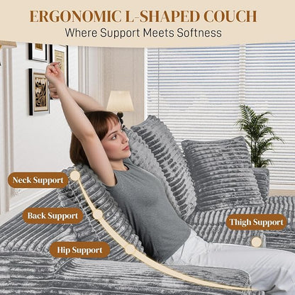 108" L Shaped Boneless Sectional Couches for Living Room, Comfy Corduroy Floor Cloud Sofa with Chaise, Wide Armrest, Deep Seat, Memory Foam, Assembly Free, Ideal for Small Spaces, Grey