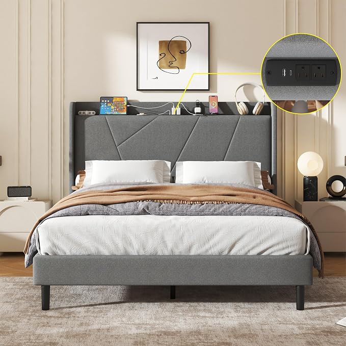 Queen Size Linen Bed Frame, Storage Headboard with Charging Station, Upholstered Platform Bed with Wooden Slats Support, Solid and Stable, Noise Free, No Box Spring Needed, Easy Assembly, Gray