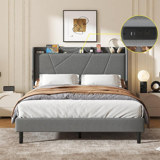 Queen Size Linen Bed Frame, Storage Headboard with Charging Station, Upholstered Platform Bed with Wooden Slats Support, Solid and Stable, Noise Free, No Box Spring Needed, Easy Assembly, Gray