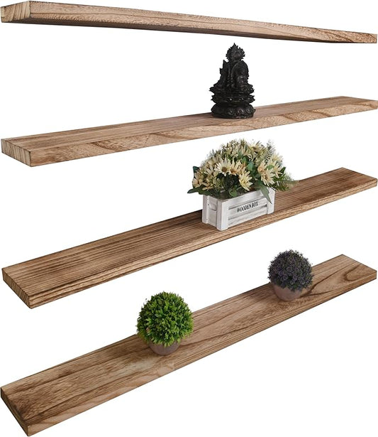 YYWUOJJ Wood Floating Shelves for Wall Decor, Rustic Wall Shelves for Bedroom Bathroom Kitchen Living Room, Set of 4 Light Walnut 48 Inch