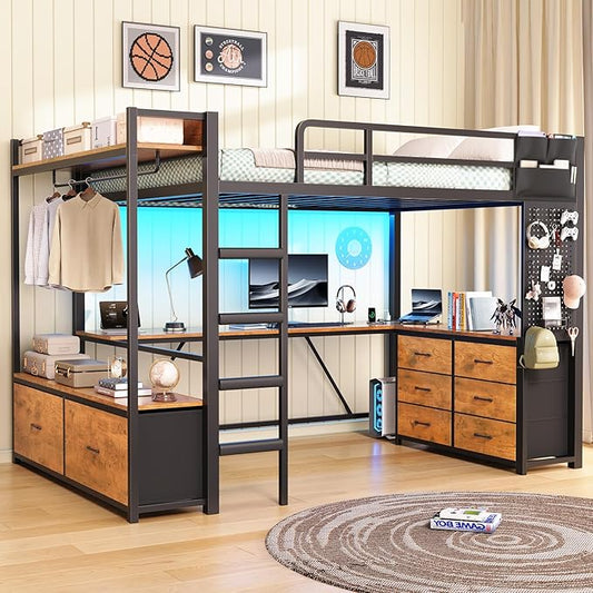Itaar Twin Loft Bed with L-Shaped Desk & 8 Storage Drawers, Metal Kids Twin Loft Bed with Led Lights, Charging Station, Hall Tree, Safety Guard & Ladder, No Box Spring Needed, Rustic Brown