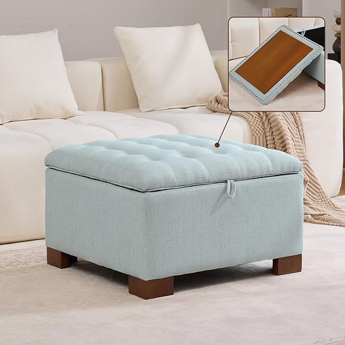 WUTUTUEE 30" Fabric Square Storage Ottoman with Wooden Tray, Modern Tufted Button Footstool Coffee Table, Upholstered Large Ottoman for Living Room, Bedroom, Blue