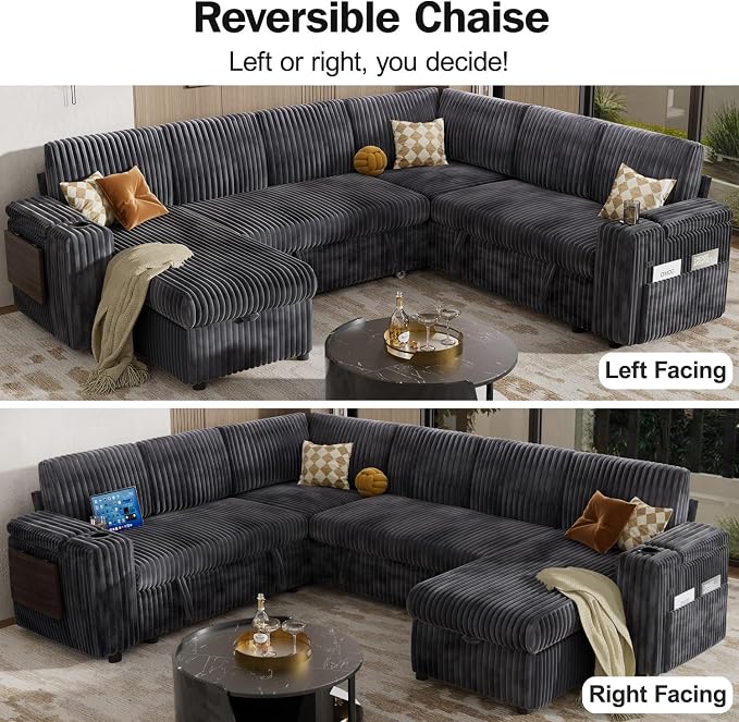 Vipbear 111" Modular Sectional Sleeper Sofa with Pull Out Bed, 7 Seat Plush Corduroy L Shaped Couch with Storage Chaise|USB Ports|Cup Holders|Side Table|Storage Armrests, Tool Free Assembly, Grey