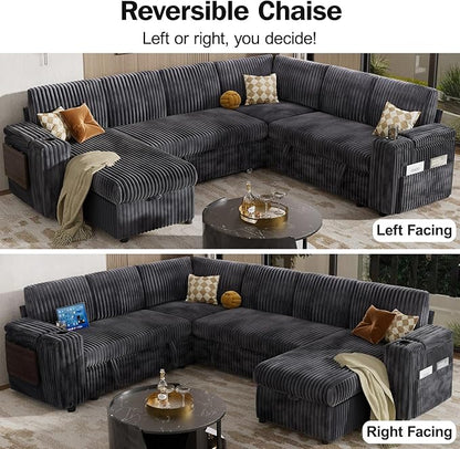 WEUP 111" Modular Sectional Sleeper Sofa with Pull Out Bed, 7 Seat Plush Corduroy L Shaped Couch with Storage Chaise|USB Ports|Cup Holders|Side Table|Storage Armrests, Tool Free Assembly, Grey