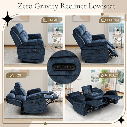 Power Reclining Sofa with Zero Gravity, Electric Reclining Couch with Adjustable Headrest, Wireless Charge, USB/Type-C Ports, 3 Seater Recliner Sofa for Living Room (Blue, 3 Seater Sofa)