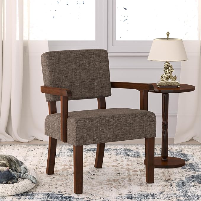 FAGAGA Accent Chair,Armchairs with Solid Wood Frame and Legs,Upholstered Reading Leisure Chair for Bedroom,Office,Waiting Room (Linen, Brown, One Chair)
