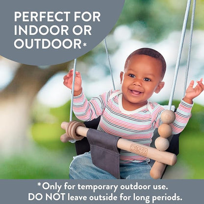 Monkey & Mouse Baby Swing, Grey White Indoor Outdoor Portable Hanging Chair - Infant & Toddler Kids 6 Months - 4 Years, Cotton Canvas & Beech Wood Frame, Sensory Hammock Boy & Girl Seat w/Wooden Toys
