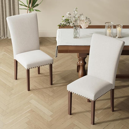 MALOL High Back Dining Chairs Set of 2, Upholstered Dining Room Chair with Wood Legs and Nailhead Trim, Modern Padded Kitchen Chairs for Dining Room/Restaurant, Beige