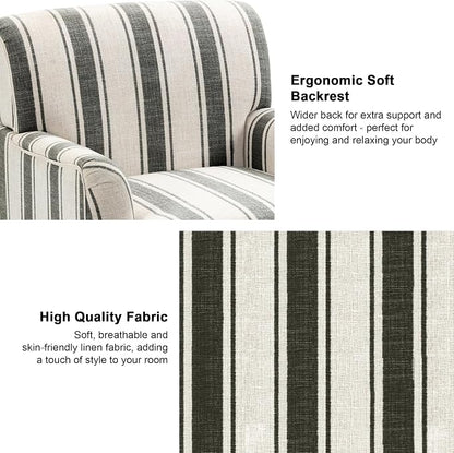 Accent Chair, Mid Century Modern Comfy Armchair for Living Room, Linen Fabric Single Sofa Lounge for Reading Bedroom Apartment Waiting Room with Wood Legs (Black Stripe, Set of 1)