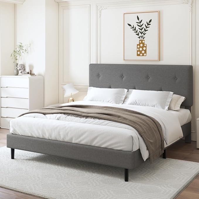 King Size Linen Bed Frame, Upholstered Platform Bed Frame with Adjustable Headboard, Wooden Slats Support, No Box Spring Needed, Easy Assembly, Grey