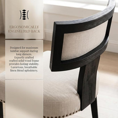 HNY Mid Century Modern Dining Chairs Set of 2, Farmhouse Linen Fabric Upholstered Accent Chairs Curved Nailhead Trim Backrest Kitchen Chairs, with Black Hardwood Frame, Beige