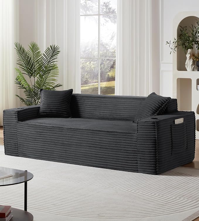 80.7" Boneless Sofa Couches with Cup Holder,3 Seat Couch with Side Pocket, Cloud Couch for Compact Living Rooms, Apartments (Deep Gray)