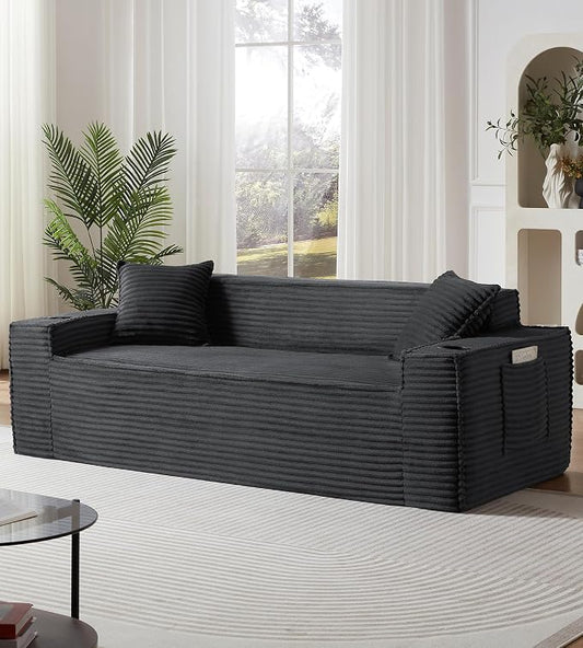 80.7" Boneless Sofa Couches with Cup Holder,3 Seat Couch with Side Pocket, Cloud Couch for Compact Living Rooms, Apartments (Deep Gray)