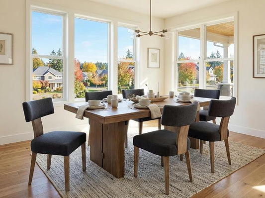 RIVOVA Linen Dining Chairs Set of 6, Modern Dining Chair with Curved Backrest and Wood Legs Upholstered Dining Chairs Farmhouse Dining Room Chairs Kitchen Chairs, Charcoal