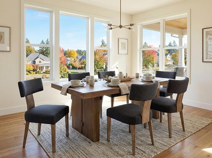 RIVOVA Linen Dining Chairs Set of 2, Modern Dining Chair with Curved Backrest and Wood Legs Upholstered Dining Chairs Farmhouse Dining Room Chairs Kitchen Chairs, Charcoal