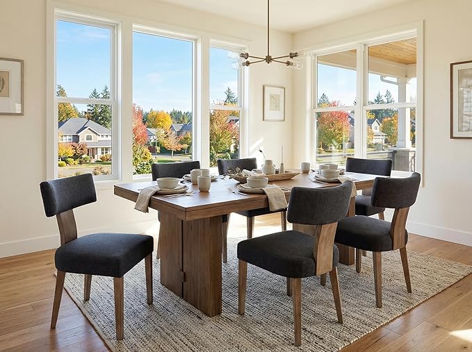 RIVOVA Linen Dining Chairs Set of 4, Modern Dining Chair with Curved Backrest and Wood Legs Upholstered Dining Chairs Farmhouse Dining Room Chairs Kitchen Chairs, Charcoal