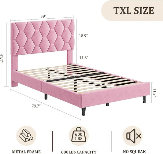 GarveeHome Pink Twin XL Bed Frame with Upholstered Headboard, Heavy-Duty Platform Bed Frame with Adjustable Headboard, Strong Wood Slat Support/No Box Spring Needed/Noise Free