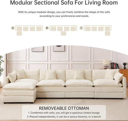 Modular Sectional Sofa, 147.2 Inch L Shaped Couch Set with Armrests, 4-Seater Comfy Cloud Couches with Movable Ottoman for Living Room Apartment, Beige