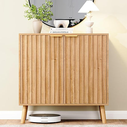 Set of 4 Fluted Storage Cabinet, Buffet Cabinet with Storage, Wood Sideboard with Adjustable Shelf, Modern Accent Cabinet & Console Table for Entryway, Living Room, Dining Room, Natural