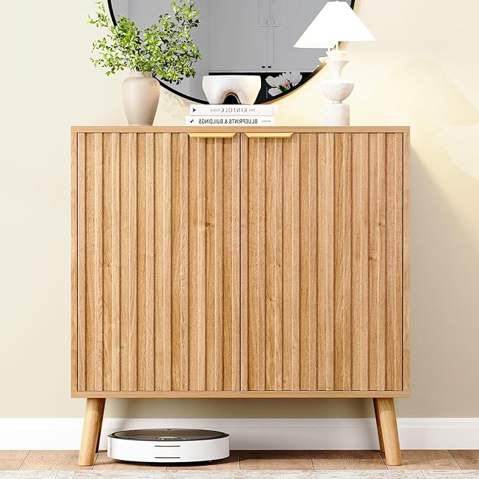 Set of 2 Fluted Storage Cabinet, Buffet Cabinet with Storage, Wood Sideboard with Adjustable Shelf, Modern Accent Cabinet & Console Table for Entryway, Living Room, Dining Room, Natural