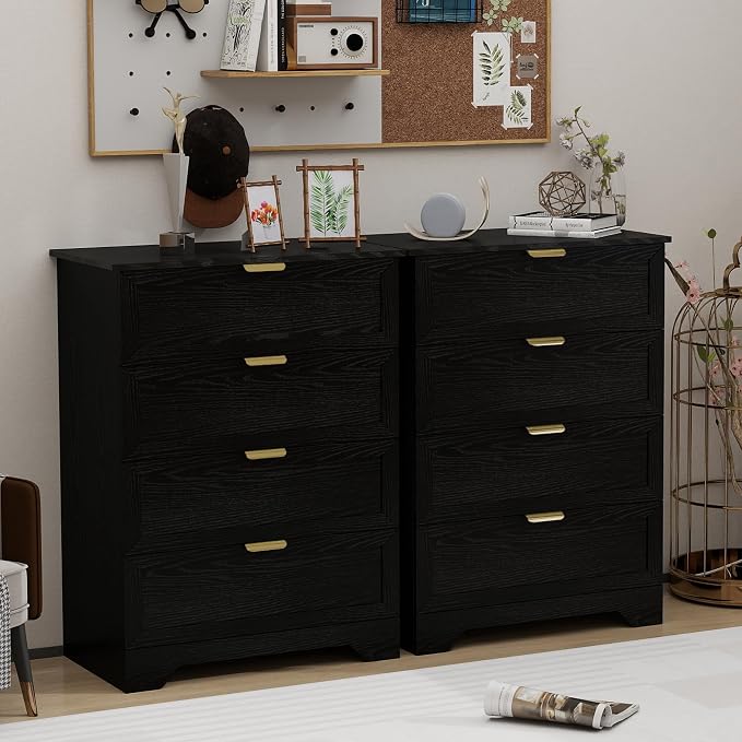 4 Drawers Dresser, Wooden Dresser for Bedroom with Large Drawer and Gold Handles Storage Chest Cabinet Organizer Living Room Closet Hallway, Black