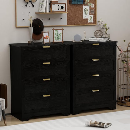 4 Drawers Dresser, Wooden Dresser for Bedroom with Large Drawer and Gold Handles Storage Chest Cabinet Organizer Living Room Closet Hallway, Black