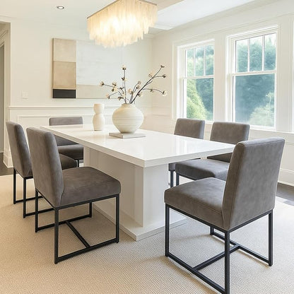 HNY Modern Dining Chairs Set of 6, Upholstered Leather Dining Room Chairs with Ergonomic Back & Metal Frame for Home, Kitchen, Apartment, Grey