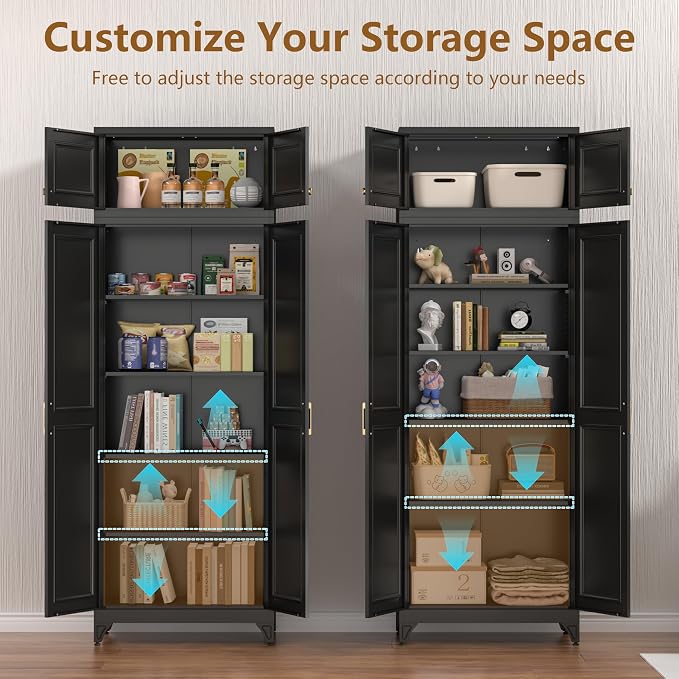 Polup Kitchen Pantry Cabinet, Metal Food Pantry cabinets with Doors and Shelves, 90" Tall Storage Cabinet for Dining, Living Room, Black, 16" D x 32" W x 90" H, Assembly Required