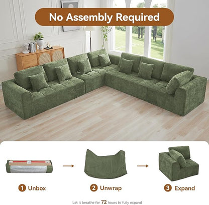 140''Modular Sectional Couches for Living Room, Cloud Boneless Compressed Sectional Sofa, Oversized L Shaped 7 Seater Upholstered Memory Foam Sofa, No Assembly, Chenille Green